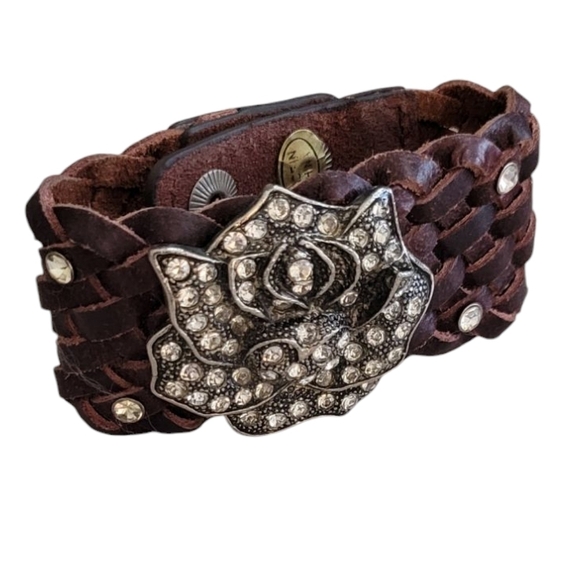 Brown Woven Belt with Silver Rose Bracelet - Picture 3 of 6